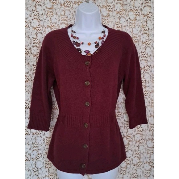 Eddie Bauer Sweaters - Eddie Bauer Sweater Size M Burgundy 3/4 Sleeve Button Front Cotton/Merino Wool
